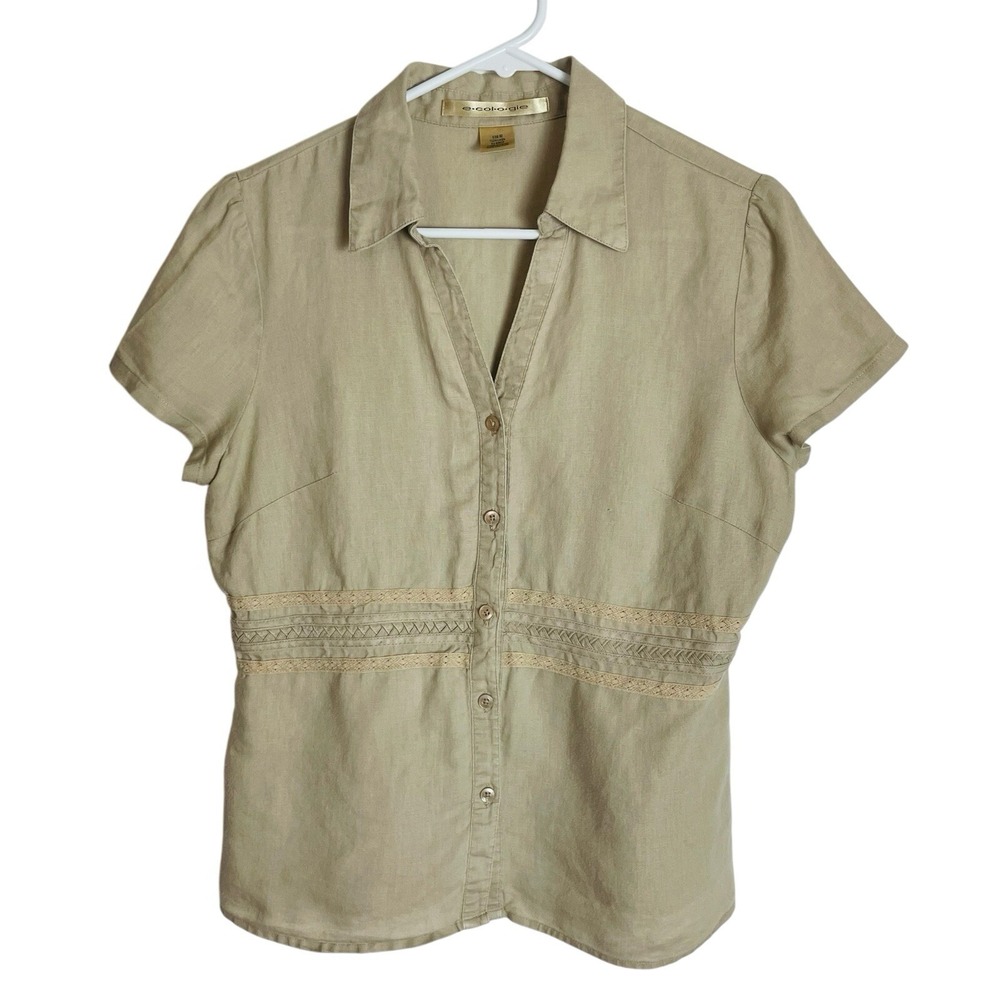 Ecologie Linen Shirt Top Womens ML Tan Short Sleeve Button Up Coastal Lagenlook